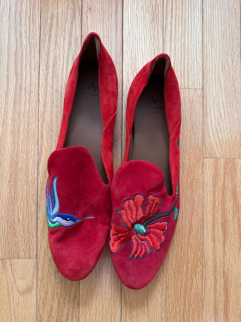 Aquatalia Red Suede Embroidered Hummingbird & Flower Loafers